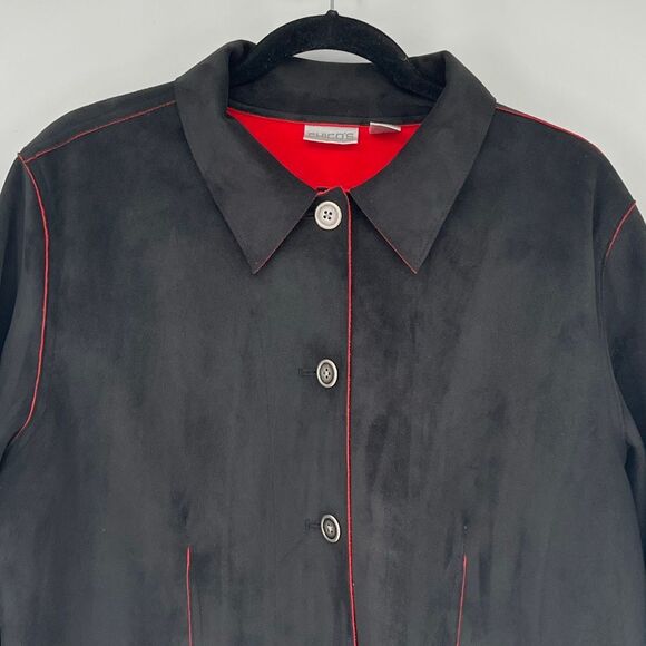 CHICO'S Jacket Women's Size 2 Large Black Red Faux Suede Button Front Collared - Picture 2 of 13